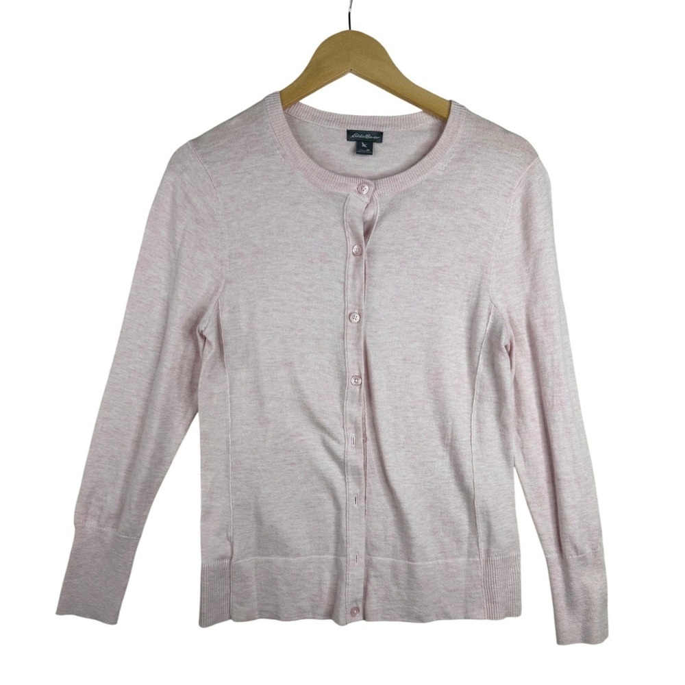Eddie Bauer Womens Classic Crew Neck Cardigan Sweater Size Medium Light Pink